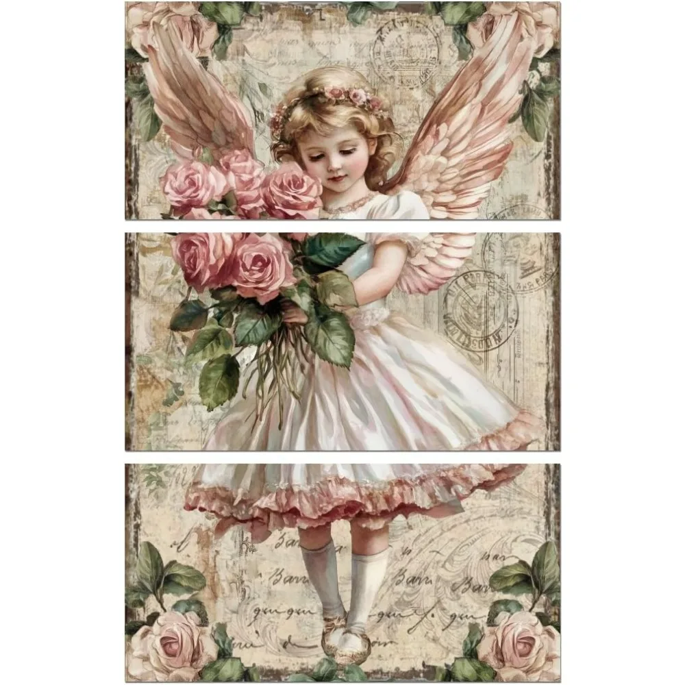 Rub on Transfer Decal Sticker for Furniture Craft Decor 6x12Vintage Angel with Pink Roses 3Pcs Waterproof UV DTF Transfer