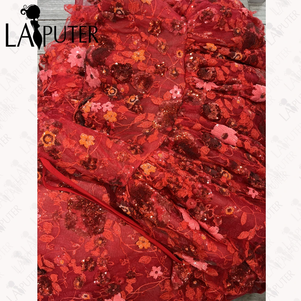 Laiputer rouge dentelle gonflée robe de bal robe de bal fille sans bretelles cou robe de soirée gonflée une ligne dentelle florale robe formelle pour femme