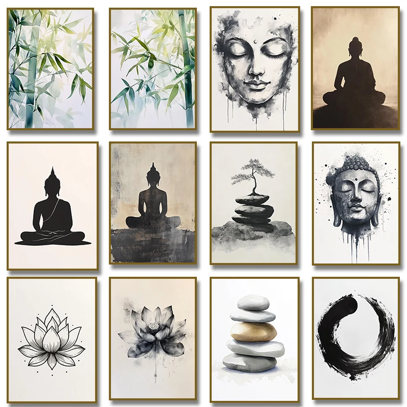 Zen Enso Kreis Buddha Lotusblume Bambus Bonsai Baum Poster Leinwanddruck Meditation Minimalistisches Poster Wohndekoration