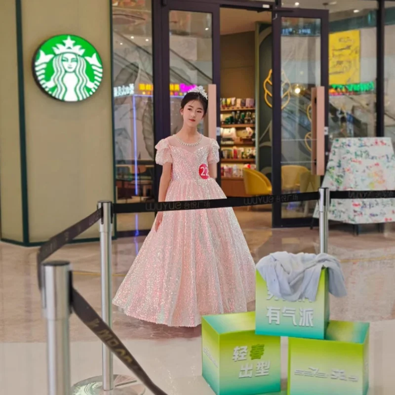 

Детское розовое платье для девочек, платье для фортепиано, стильное и элегантное платье для вечеринки по случаю дня рождения