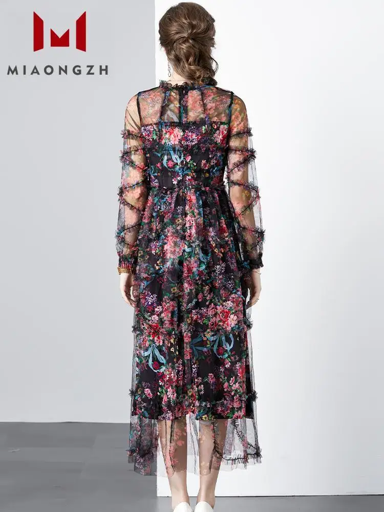 Vestidos largos de malla de retazos con estampado de moda para mujer, vestido de noche Vintage elegante con volantes, cuello redondo, adelgazante, cintura alta, flores