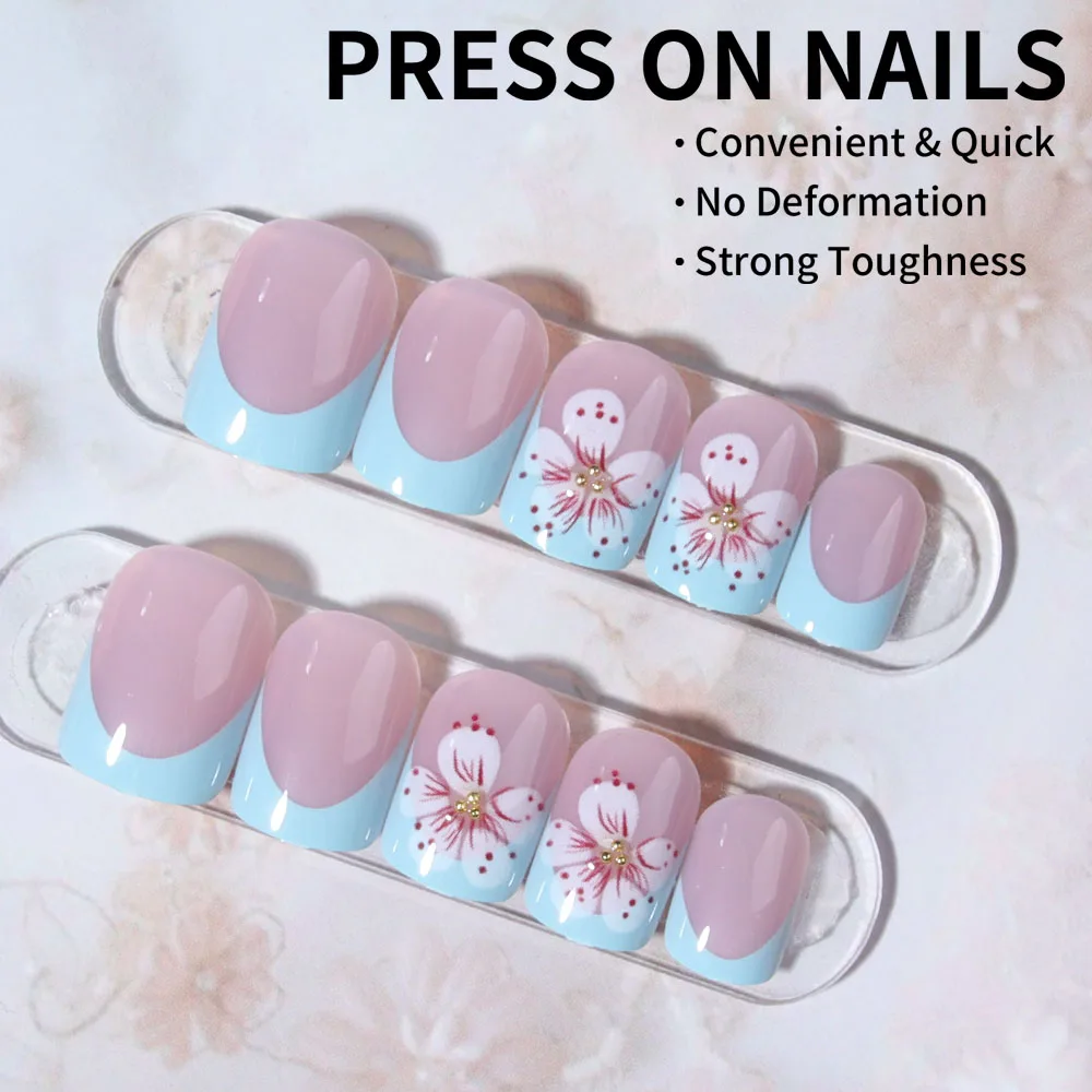 24 قطعة أظافر هلامية قصيرة مربعة ثلاثية الأبعاد بتصميم لامع طرف فرنسي اضغط على الأظافر مجموعة أظافر صناعية قصيرة مثالية من الأكريليك I #2