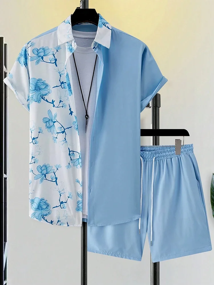 Men's Short-sleeved Shirt And Beach Shorts Set Flamingo Print Stylish Men's Casual Shirt Summer Vacation Party Men's Shorts