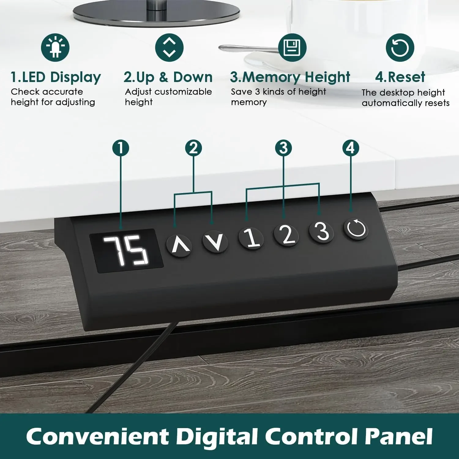 Mesa de pé elétrica em forma de L para escritório doméstico com gavetas e prateleiras, altura ajustável e formato reversível