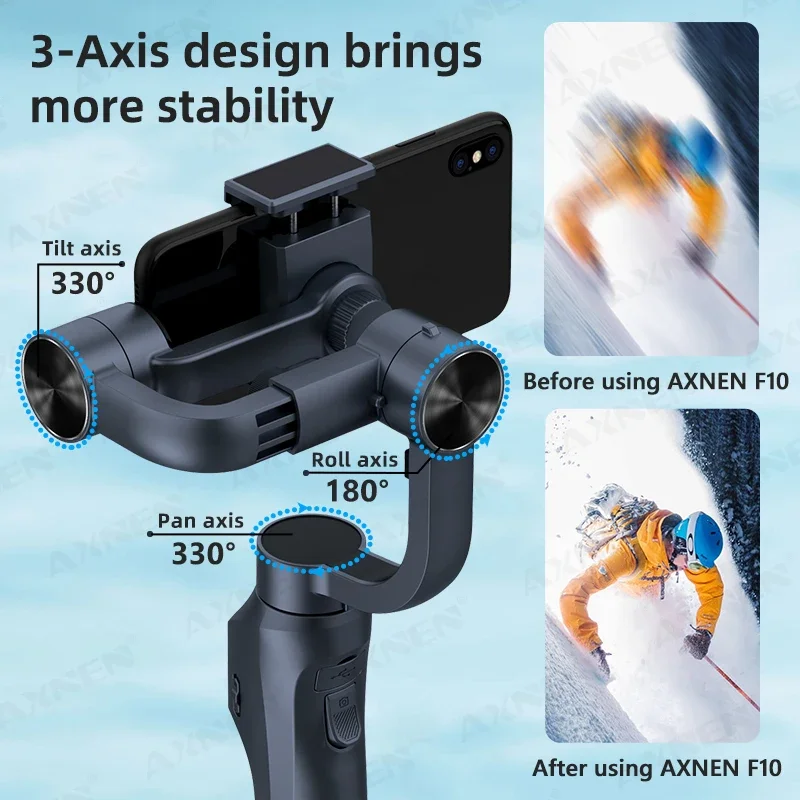 F10 3-Axis Gimbal Stabiliser with Zoom and Face Follow for Smartphone Vlog Video Shooting Anti-shake, Support Phone Charge