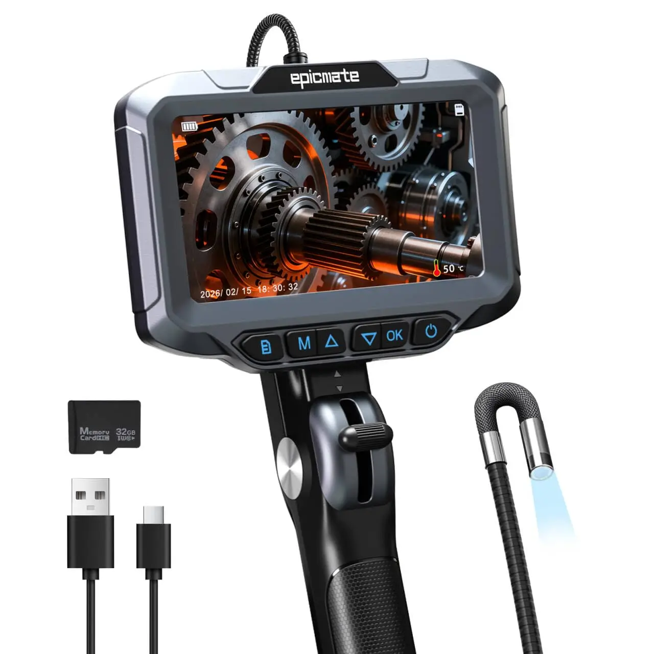 

Flexible 5" Endoscope Camera with Light, 0.24in Probe for Automotive & HVAC Inspection - 3.3FT
