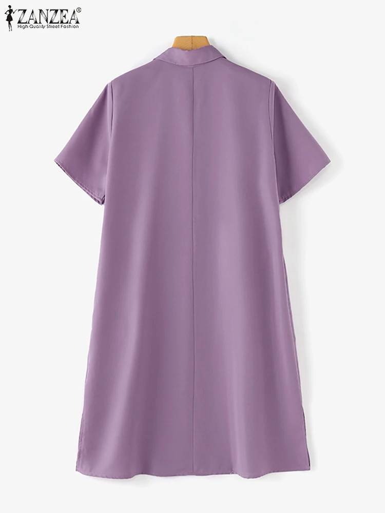 Zanzea Dames Overhemdjurk Met Korte Mouwen Pendelen Elegante Turn-Down Kraag Dagelijkse Vestidos Effen Casual Zomer 2024 Knielange Jurk