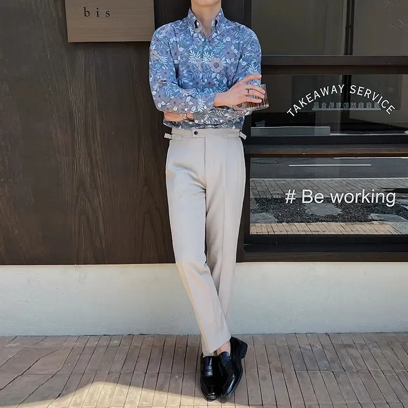 French Big Collar Shirt Men Long Sleeve Ice Silk Printed Blouse Casual Menswear