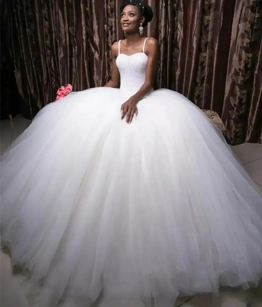 Vestido de noiva africano vestido de casamento alças espaguete doce rendas voltar miçangas inchado tule robe mariage vestidos de noiva