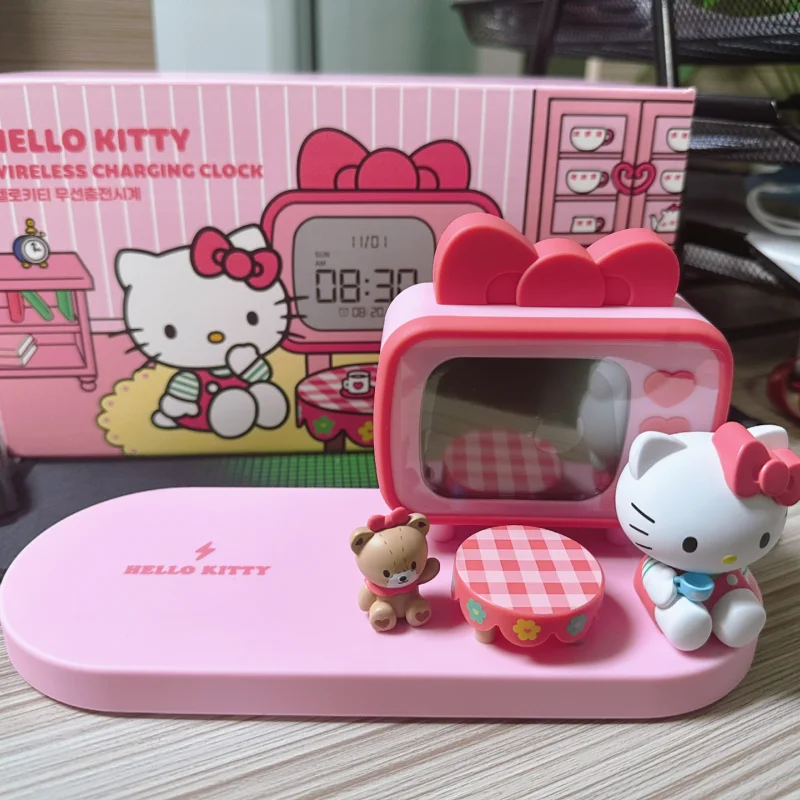 Sanrio Hello Kitty Cartoon Desktop Electronic Clock Watch Alarm Clock Ornament Sanrio Anime Girl Heart Wireless Charger Gift