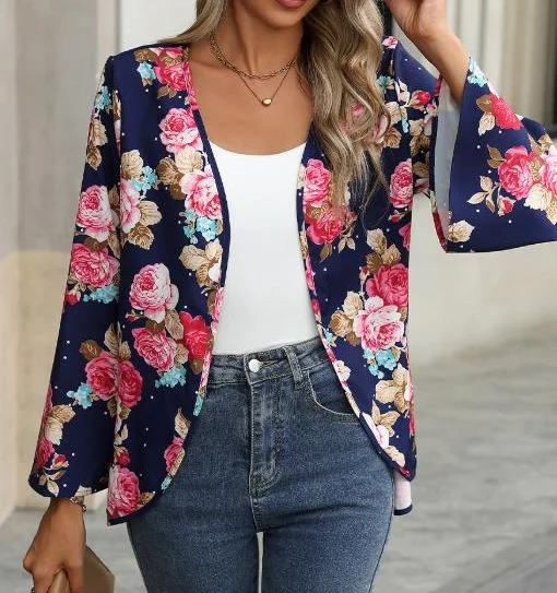 ฤดูใบไม้ร่วงใหม่แขนยาวพิมพ์ลายดอกไม้บางเสื้อสเวตเตอร์ถักสําหรับผู้หญิง,Elegant และหลวมดอกไม้ Flared Sleeve เสื้อสเวตเตอร์ถัก