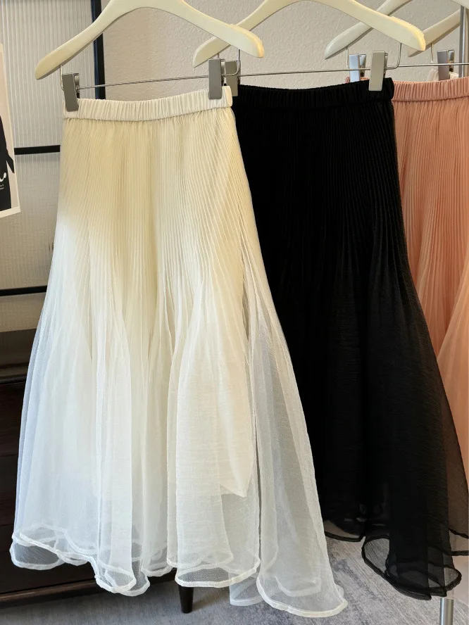 

French Style Fluffy A-Line Chiffon Skirt Semi-Body Gauze Pleated Soft A-Line Skirt for Young Women Casual Wear