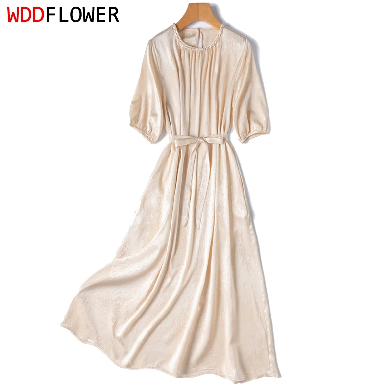 

Women Silk Dress 93% Mulberry Silk 7% Spandex 21 Momme Jacquard Silk Beige Braid Round Neck Short Sleeve Midi Dress Summer M1403