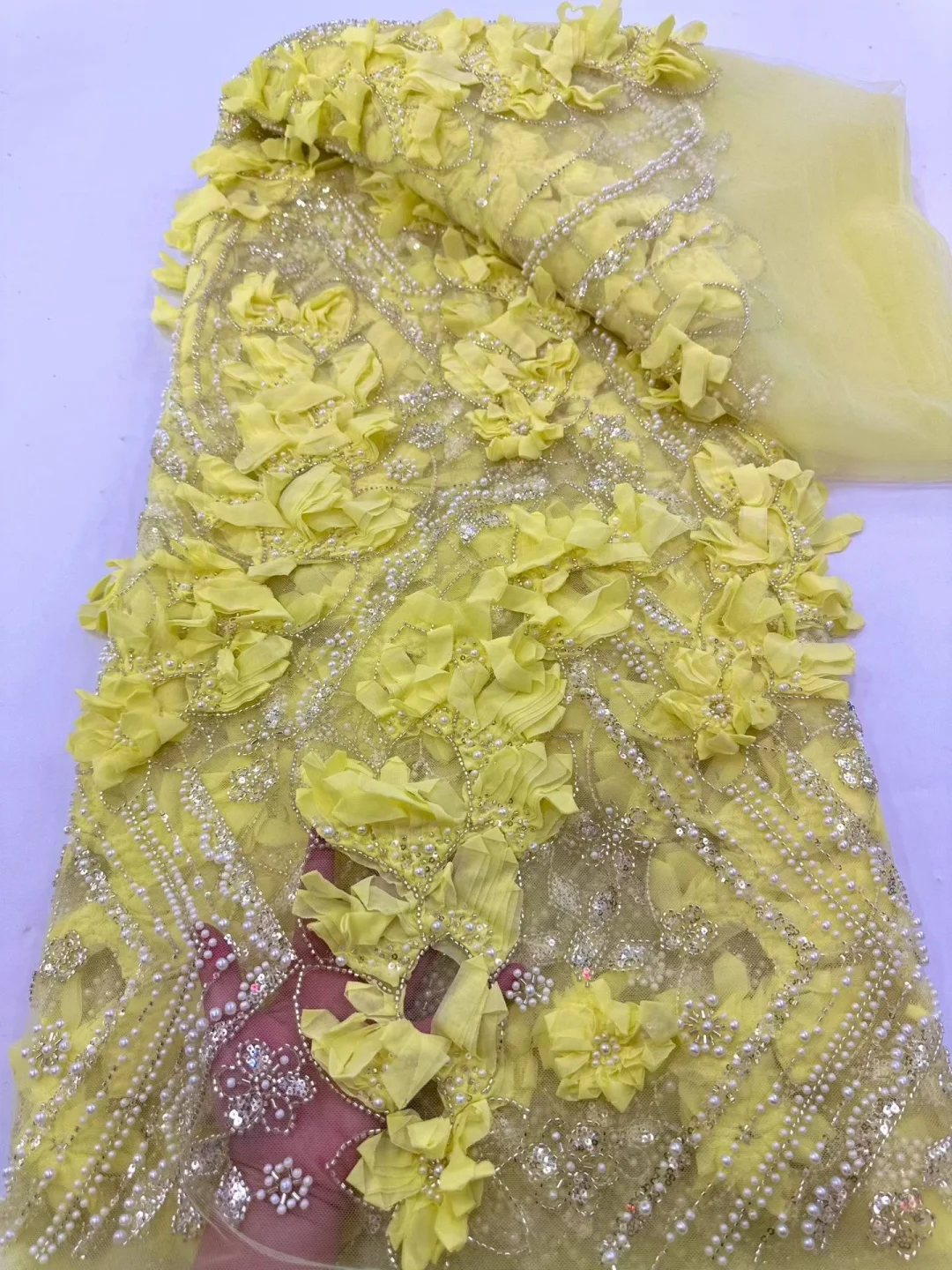 

France Luxury 3D Flower Embroidery Lace Fabric 2026 Africa Sequin Beaded Lace Fabric for Bridal Wedding Dress Sewing
