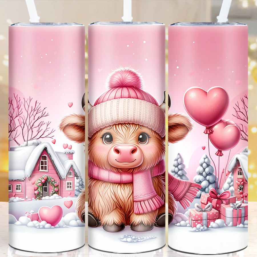 1Pc 3D Print Highland Cow Coffee Mugs Skinny Straight  Gighland Cow Party Vacuum Cups Valentine's Day Skinny Straight Tumblers