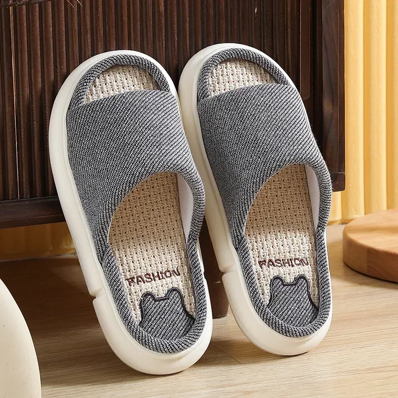 

Couples Home Linen Slippers Women Indoor Soft Comfortable Bedroom Slides Men Leisure Non Slip House Shoes Platform Cotton Flats