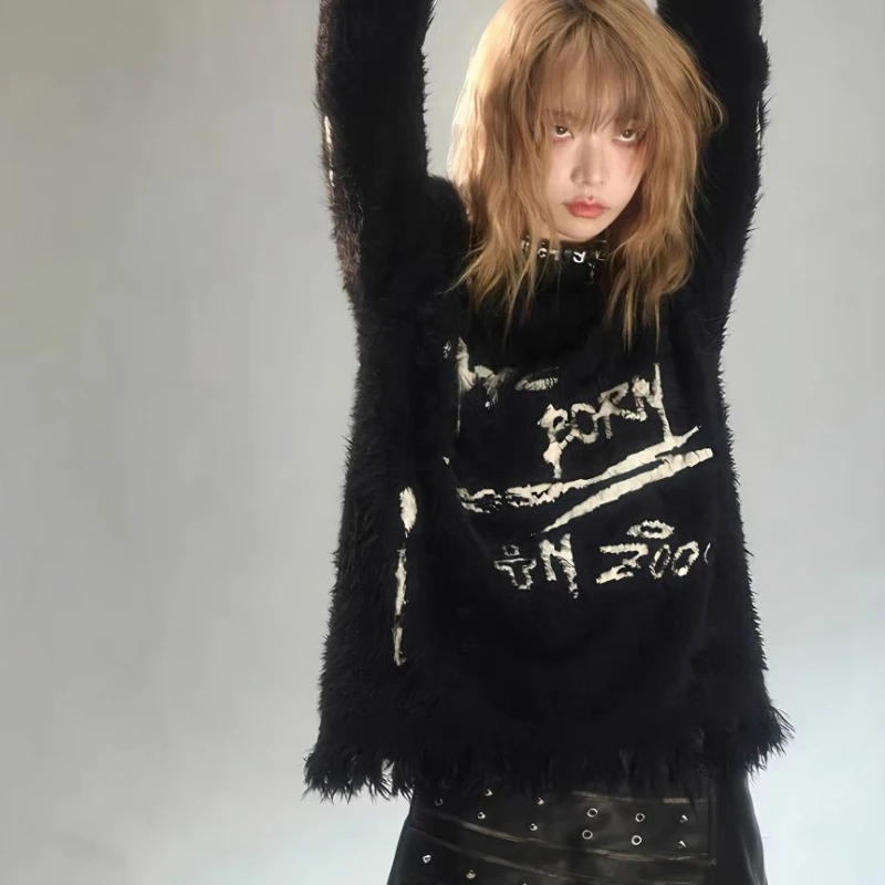 Y2k subcultura estilo Punk jersey de manga larga mujer Casual suéter con cuello redondo letra gótica Jacquard Vintage 2025 otoño