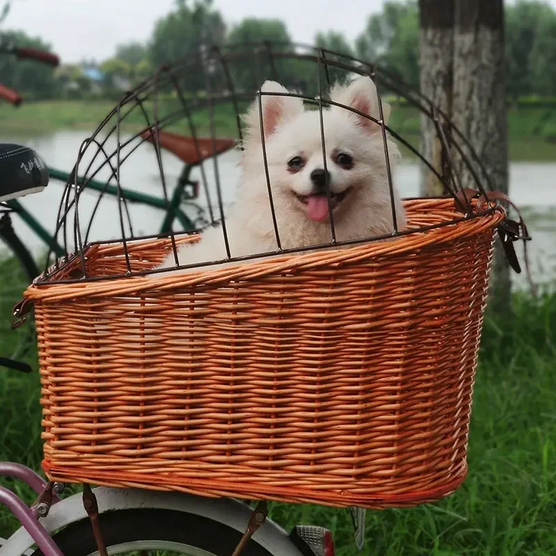 Bicycle pet cage car storage basket with iron cover dog cage storage rear frame woven