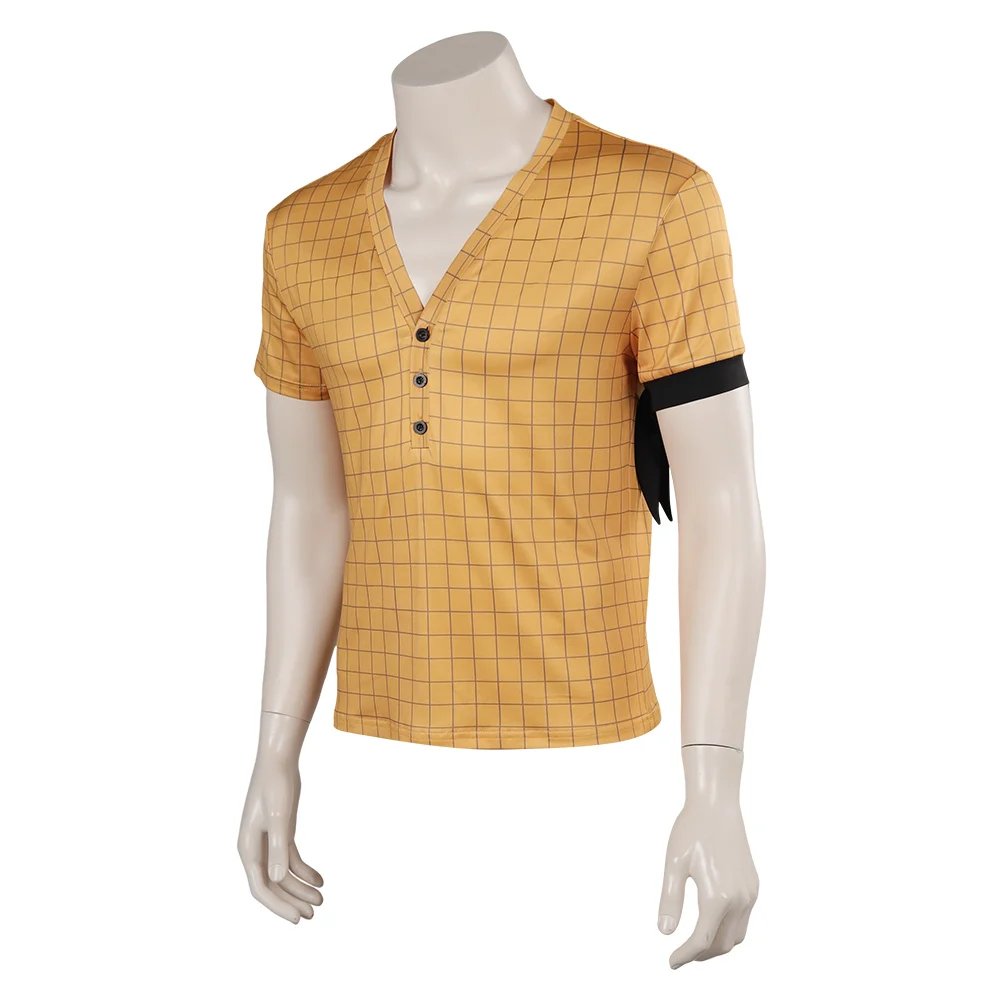 Roronoa Zoro Cosplay Fantasy Yellow Plaid Short Sleeved T-Shirt Live Action TV Piece Costume Disguise For Adult Men Boy