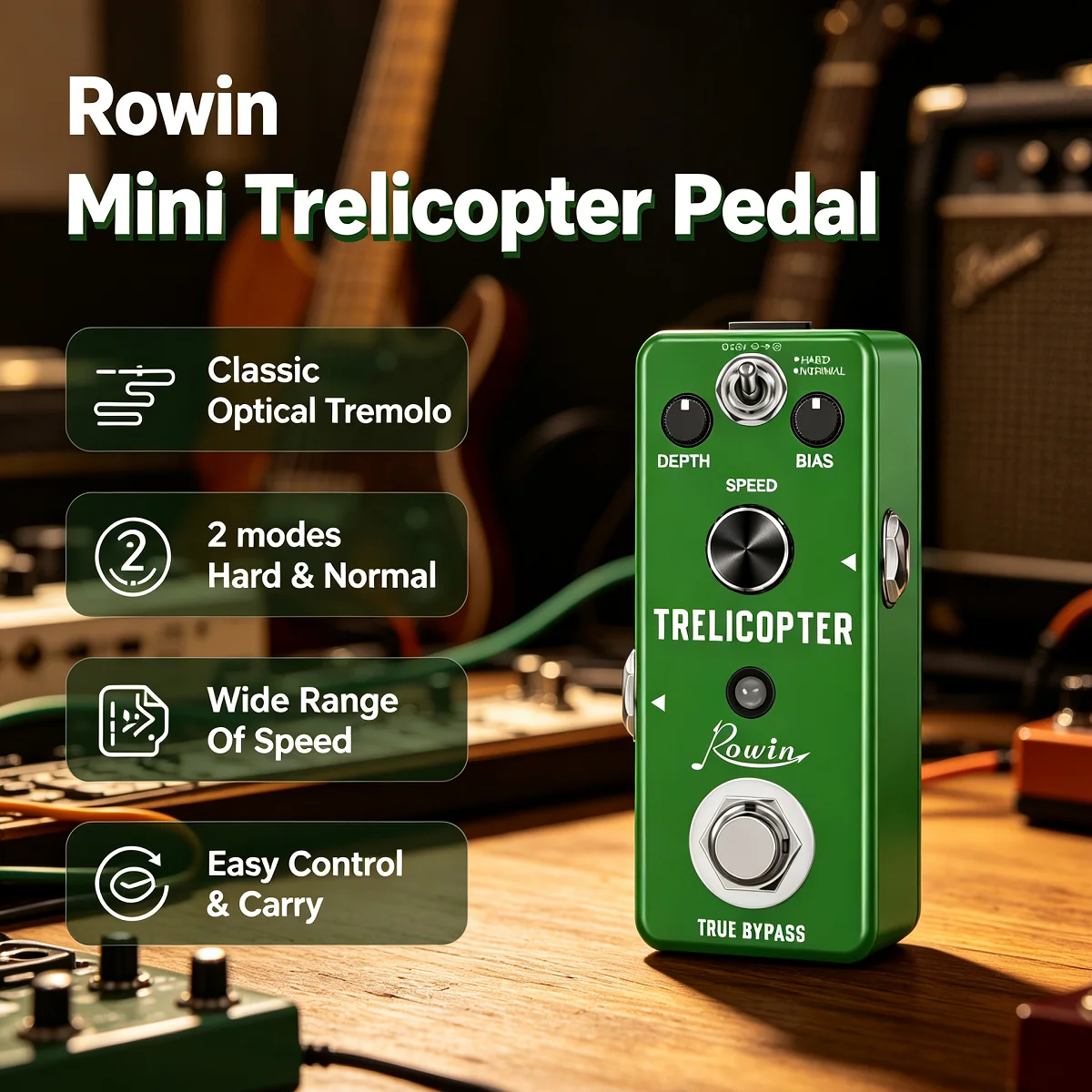 Rowin Trelicopter Tremolo Gitarrenpedal Klassisches Optisches Tremolo-Effektpedal mit Hart- und Normal-Modi Mini-Gitarren-Stompbox