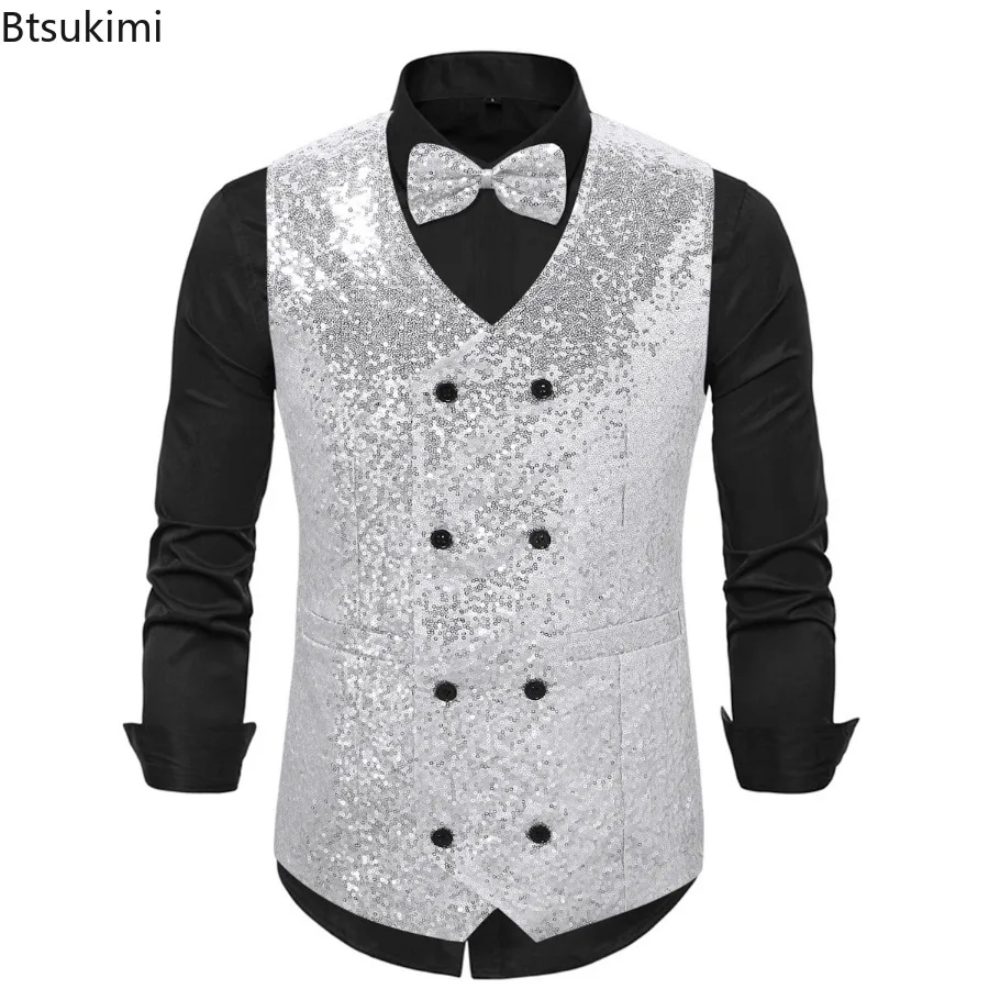 Shiny Sequin Suit Vest for Men Fashion Double Breasted Design Luxury Slim Sparkling Waistcoat Men's Stage Performance Dress Vest