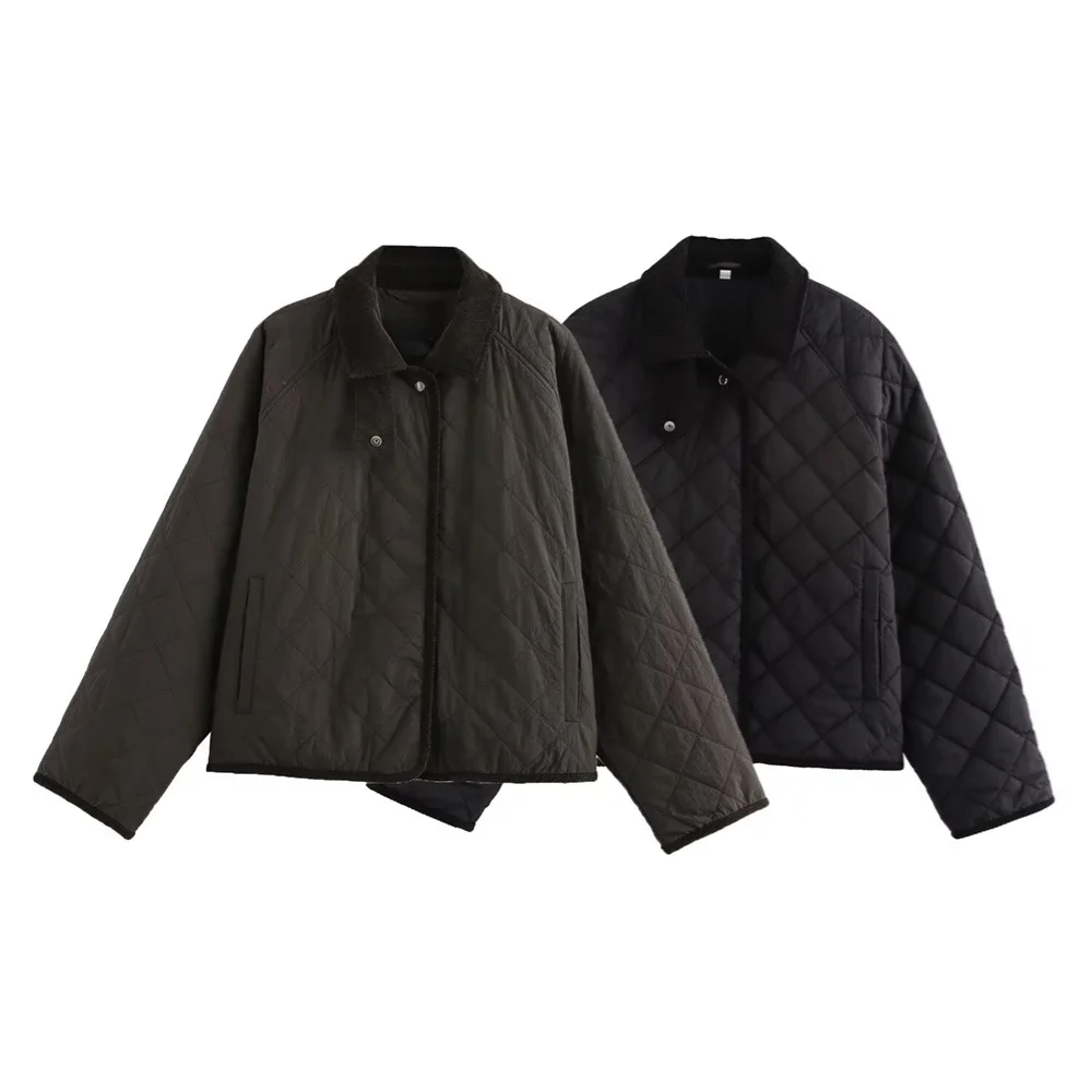 

Taop&Za Women's Long sleeved Autumn/Winter New Collection Two tone Diamond Short Edition High necked Cotton Jacket