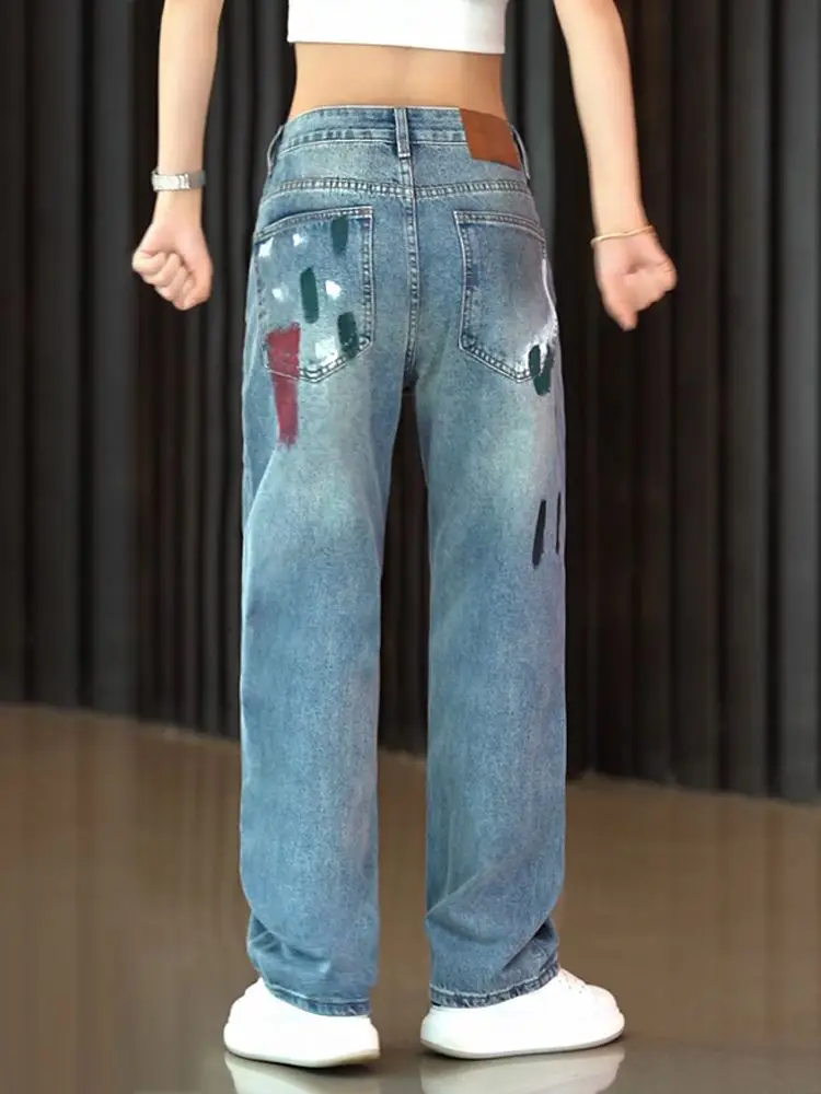 2024 فيتي هول الدينيم الجينز الرجال مستقيم فضفاض Haome بنطال ذو قصة أرجل واسعة الأمريكية الرجعية اللون Colion الطابق طول السراويل #5