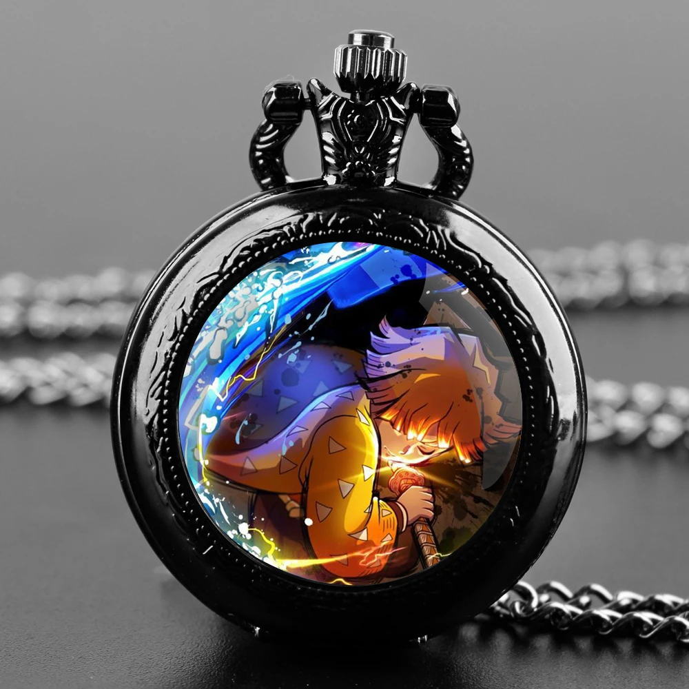 Demon Slayer Design Glass Dome Quartz Pocket Watch with Arabic Numeral Dial on Chain - Ideal Present for Special Occasions