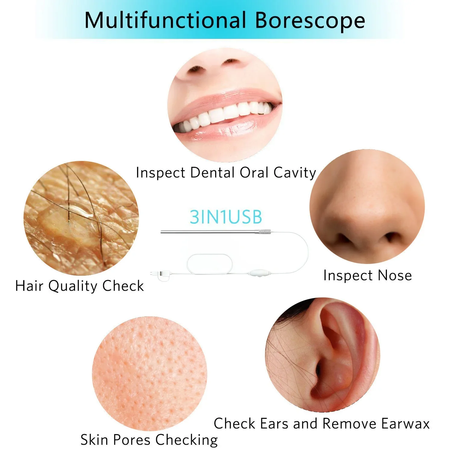 Strumento di rimozione tre in uno, fotocamera per otoscopio USB nella pulizia dell'orecchio, cucchiaio per orecchio visibile per endoscopio 5.5mm