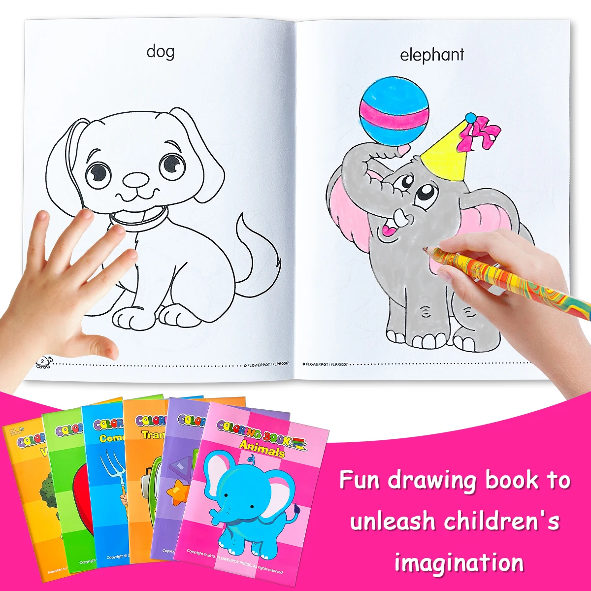 

The children's educational coloring book features six major themes, including animals, community roles, and vegetables