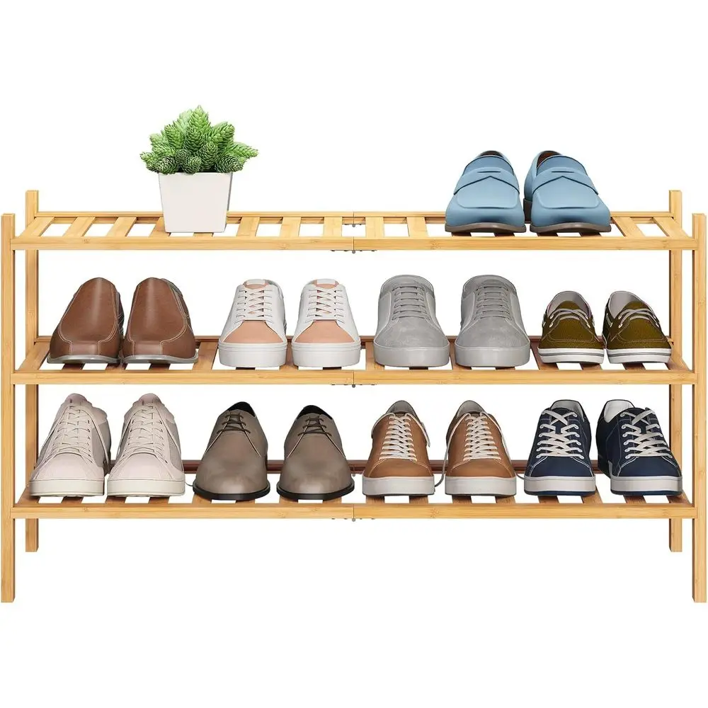 

BMOSU 3-Tier Bamboo Extended Shoe Rack Premium Stackable Shoe Shel Storage Organizer or Hallway Closet Living Room Entryway Orga