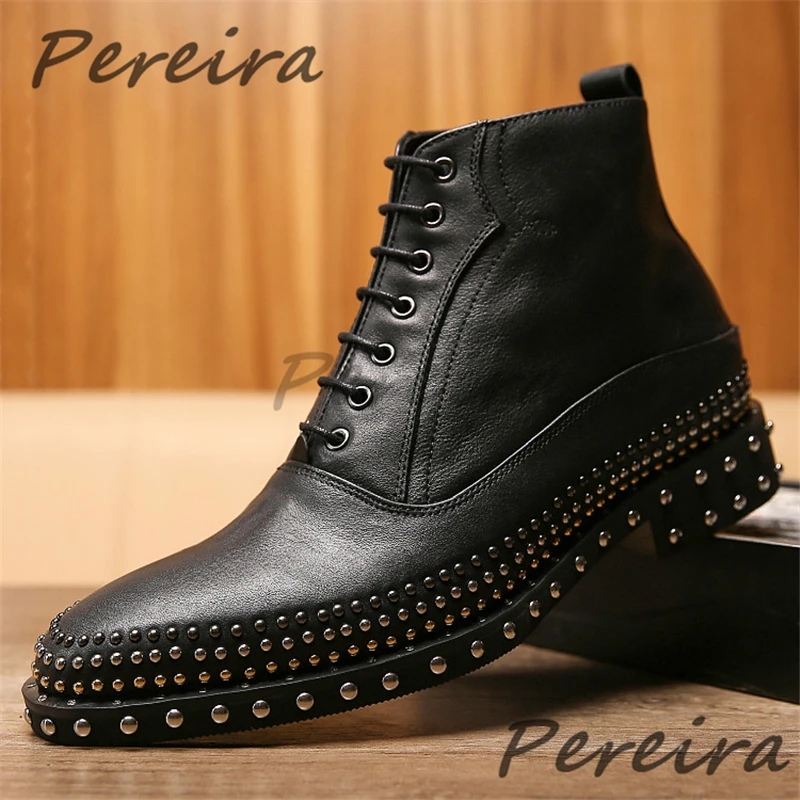 Men Black Matte Leather Ankle Boots Silver Studded Decor Lace Up Block Heel Short Boots Trendy Men's Casual Business Shoes