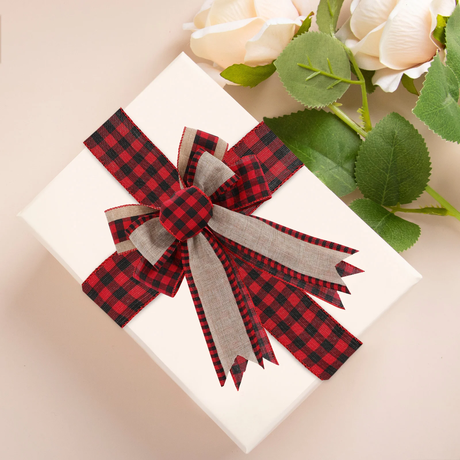 

3 Rolls Christmas Burlap Ribbon Buffalo Plaid Rustic Bindings Decorative Ribbon for Craft Garland Bows Xmas Wrapping Decor 5