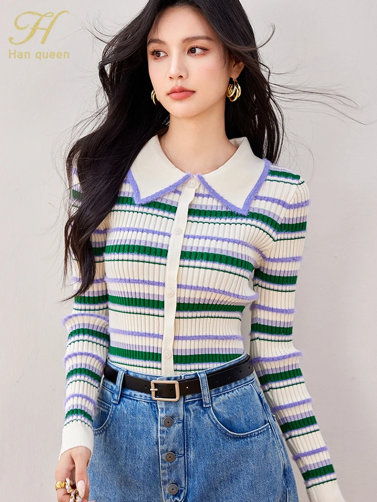 H Han Queen Autumn Winner Tops Colorblocked Stripe Korean Style Women\'s Clothing Vintage Casual Stretch Knitted Sweaters Women