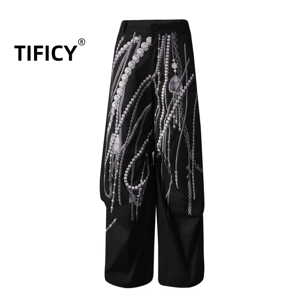 

High Street Fashion Pearl Print Casual Pants Women in Autumn High Waist Slimming Wide Leg Streetwear Casual Loose Pants