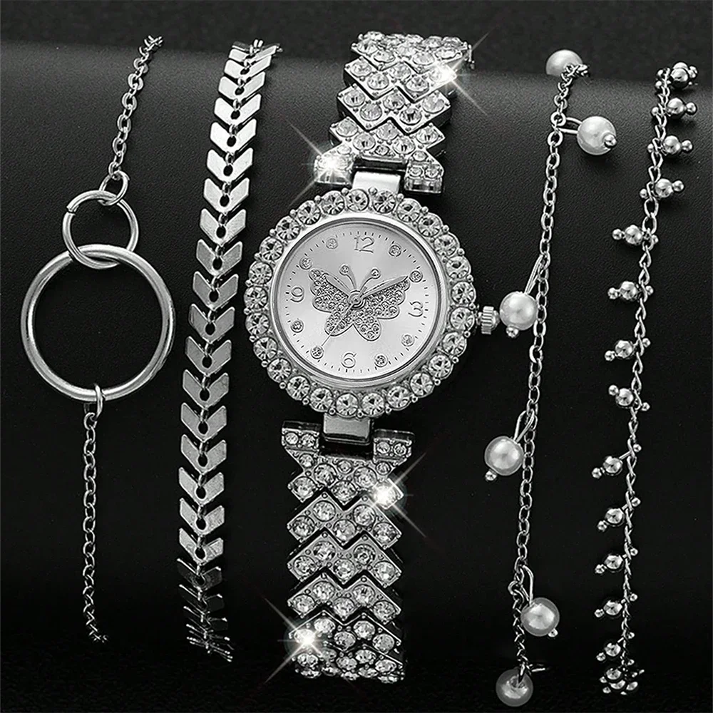 5PC Fashion Butterfly Diamond-Embedded Ladies' Watch Quartz Wristband Women's Watch