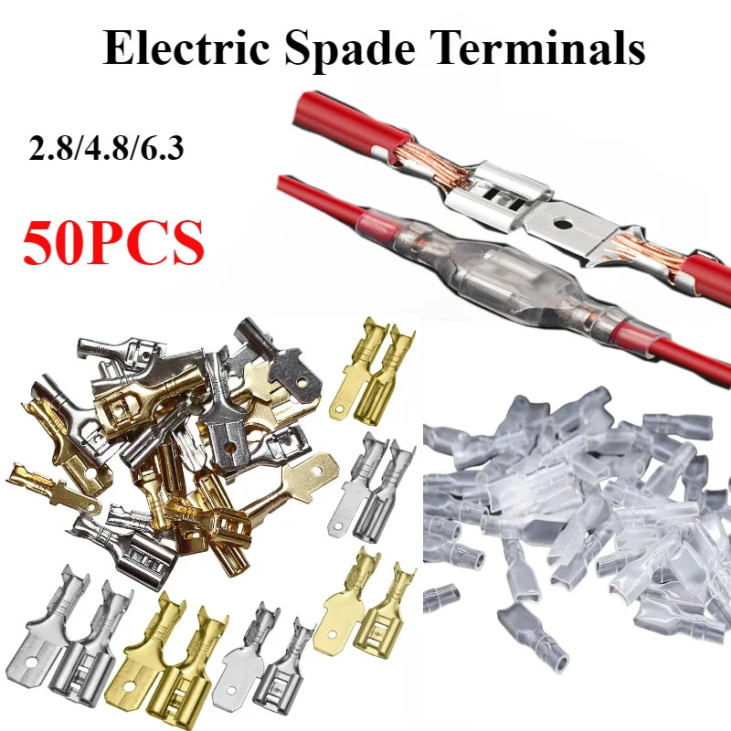 

Spade Cable Terminals Crimping Fasten W/ Flat Lug Insulating Sleeves Male Female Butt Plug Speakers Wire Connector 2.8/4.8/6.3mm