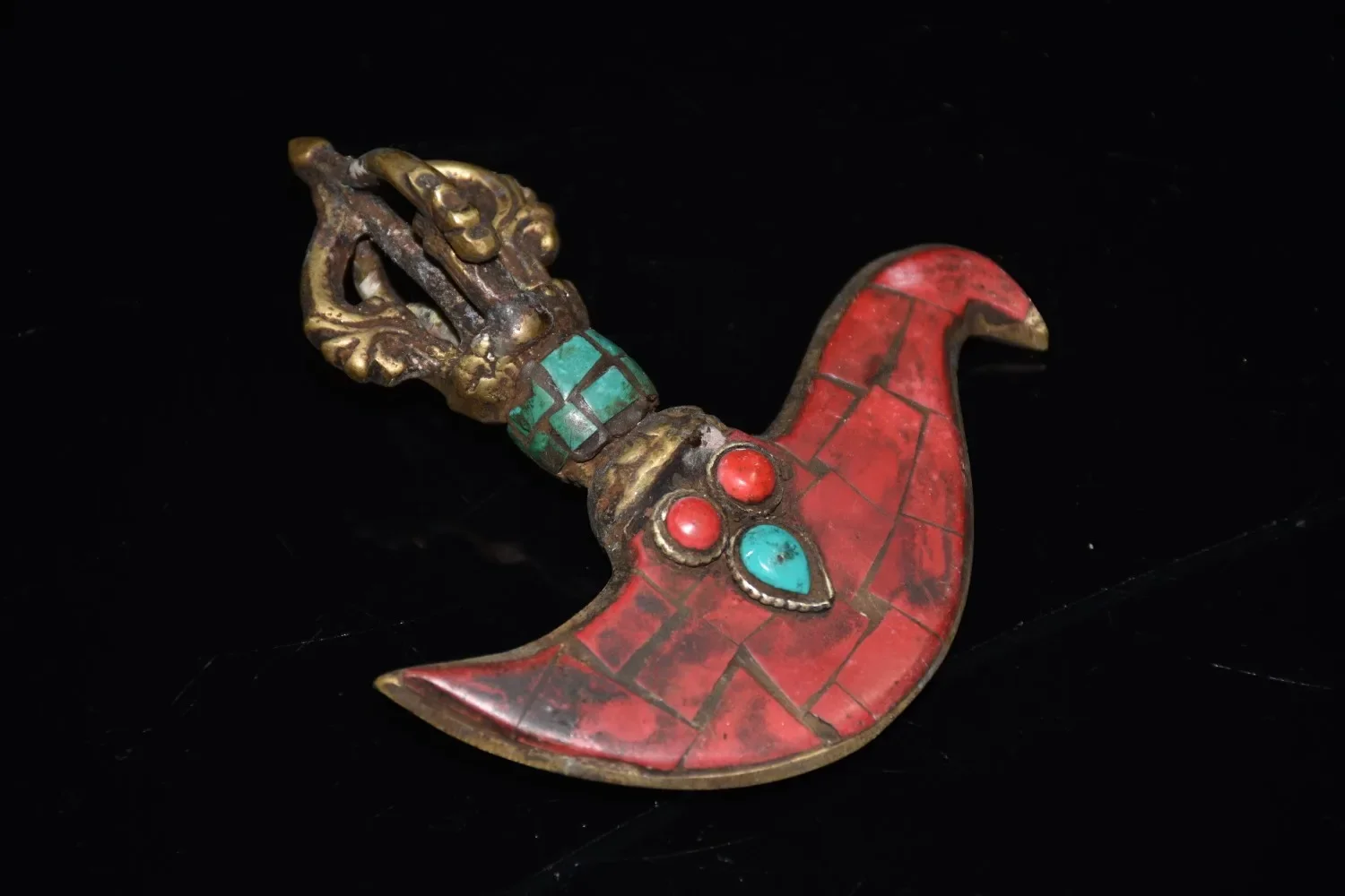 Tibetan Brass Buddhist red coral Turquoise Dorje Ax Phurpa Pestle Vajra Dagger Amulet