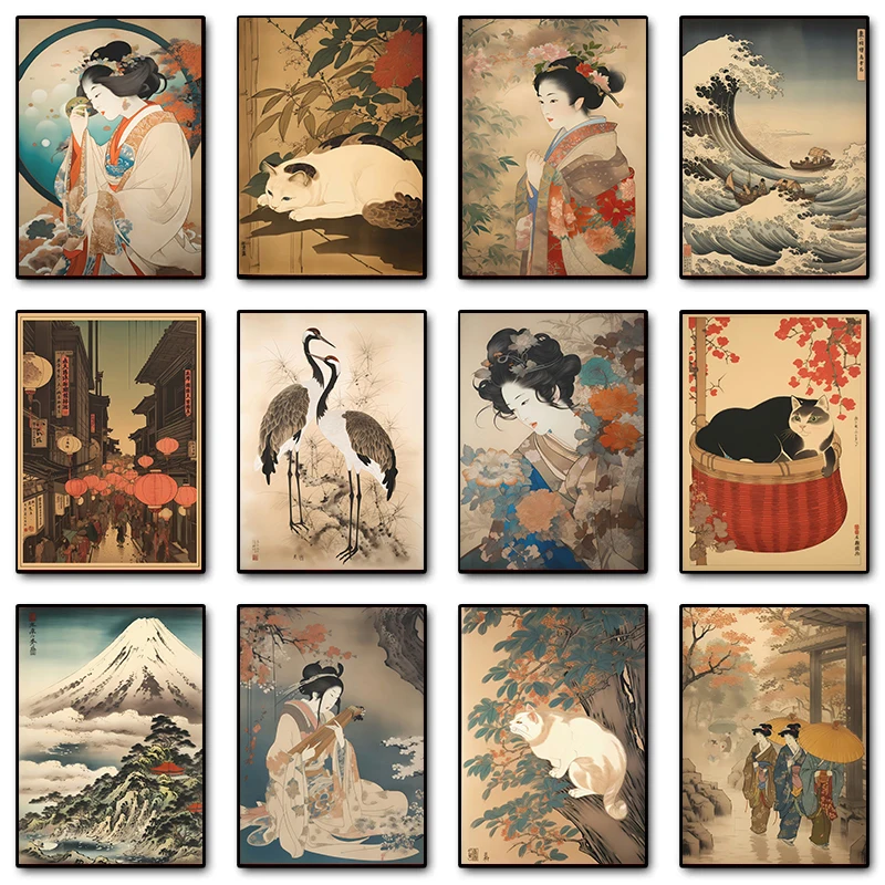 Paysage d'art japonais rétro et peinture de figure, chat, grue, temple, lac, peinture sur toile de village, art mural, gérer la décoration de la maison et de la chambre