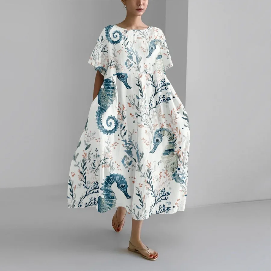 

【New style】 Independence Marine Life Simple Print 2026 spring and summer new short-sleeved dress C8