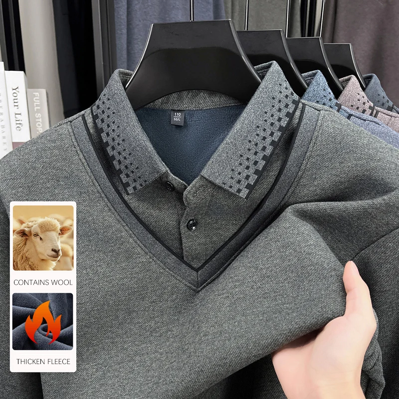 BROWON Men Polo Shirt 2026 Winter Business Slim Long Sleeve Polo Shirt Man Plus Fleece Warm Fake Two Pcs Plus Size Men Clothes
