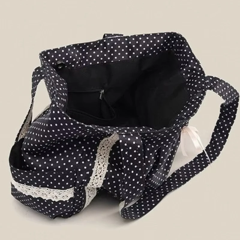 Women Shoulder Bag For Korean Vintage Canvas Cute Lace Large Capacity Tote Multi Pocket Handbag Fashion Round Dot Underarm Bag image 3