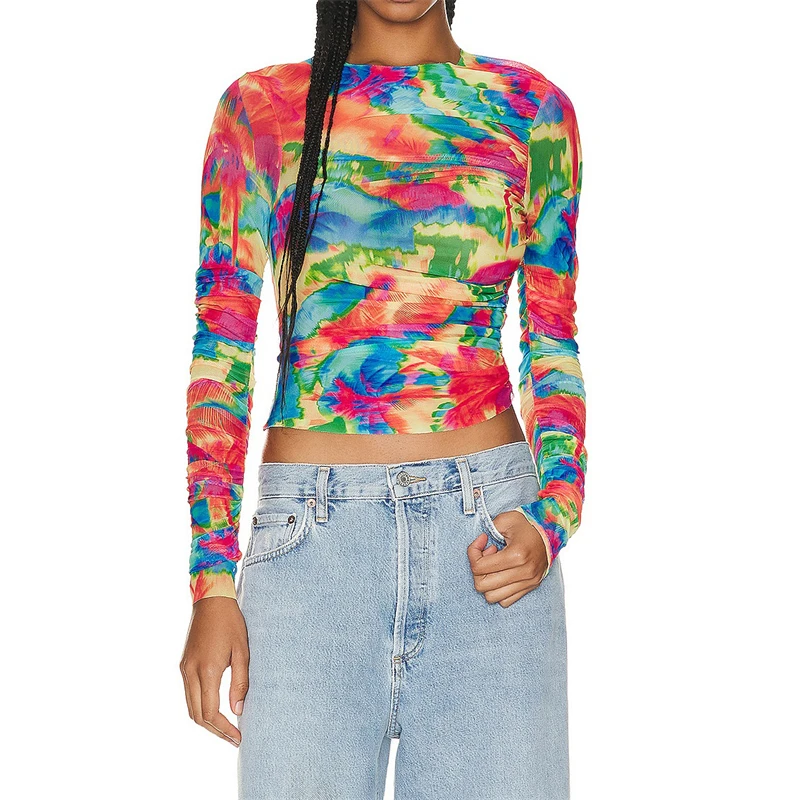 y2k Summer New Women's Round Neck Pleated Long Sleeve Mesh T-shirt High Quality Fashion Casual Stretch Slim Tie Dye Cropped Top