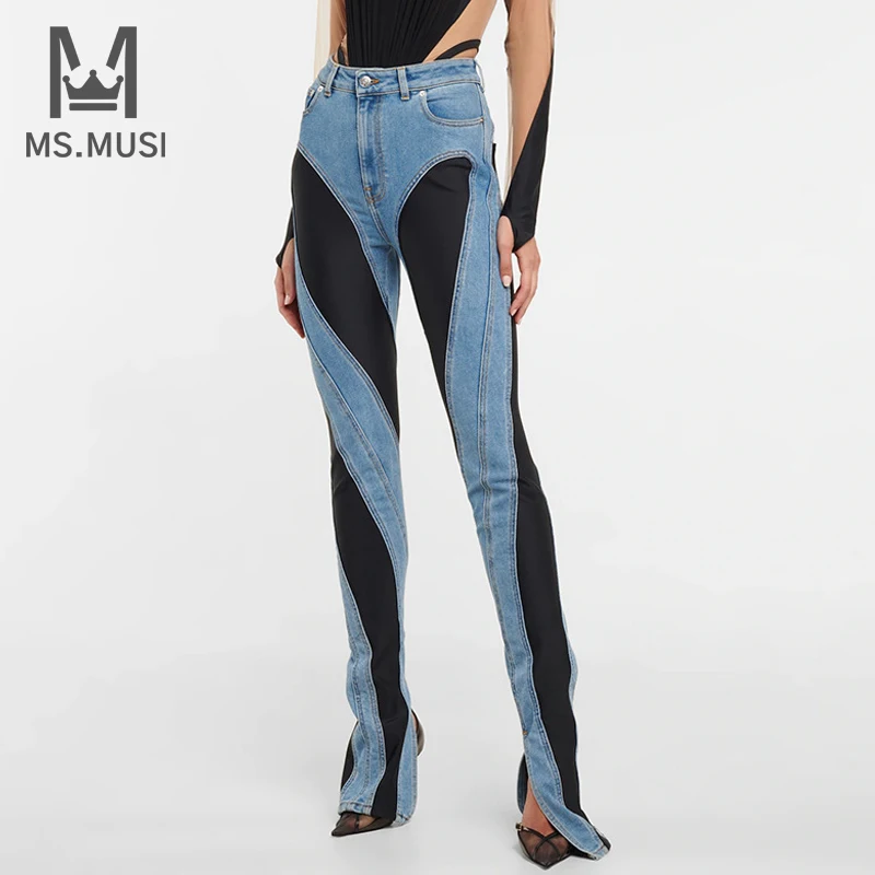 Msmusi 2024 Nieuwe Mode-Ontwerper Vrouwen Sexy Lady Patchwork Streep Hoge Taille Denim Broek Party Club Bodycon Jeans Volledige Lange Broek