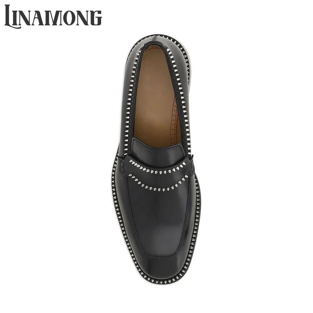 Black Spike Loafers Almond Toe Silver-Tone Studs Leather Shoes Designer Style Handmade Shoes for Men Almond Toe Slip-On Loafers view 5