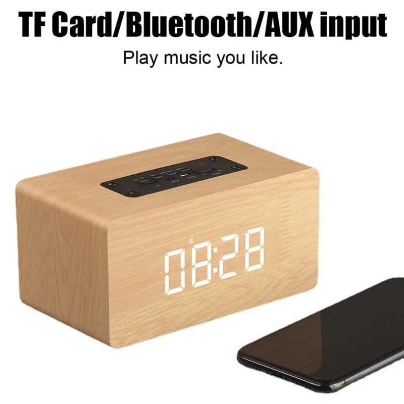 W5C Wooden Wireless Alarm Clock Bluetooth Speaker Multi-functional Computer Speaker Support AUX TF Card FM MIC Music Box Player