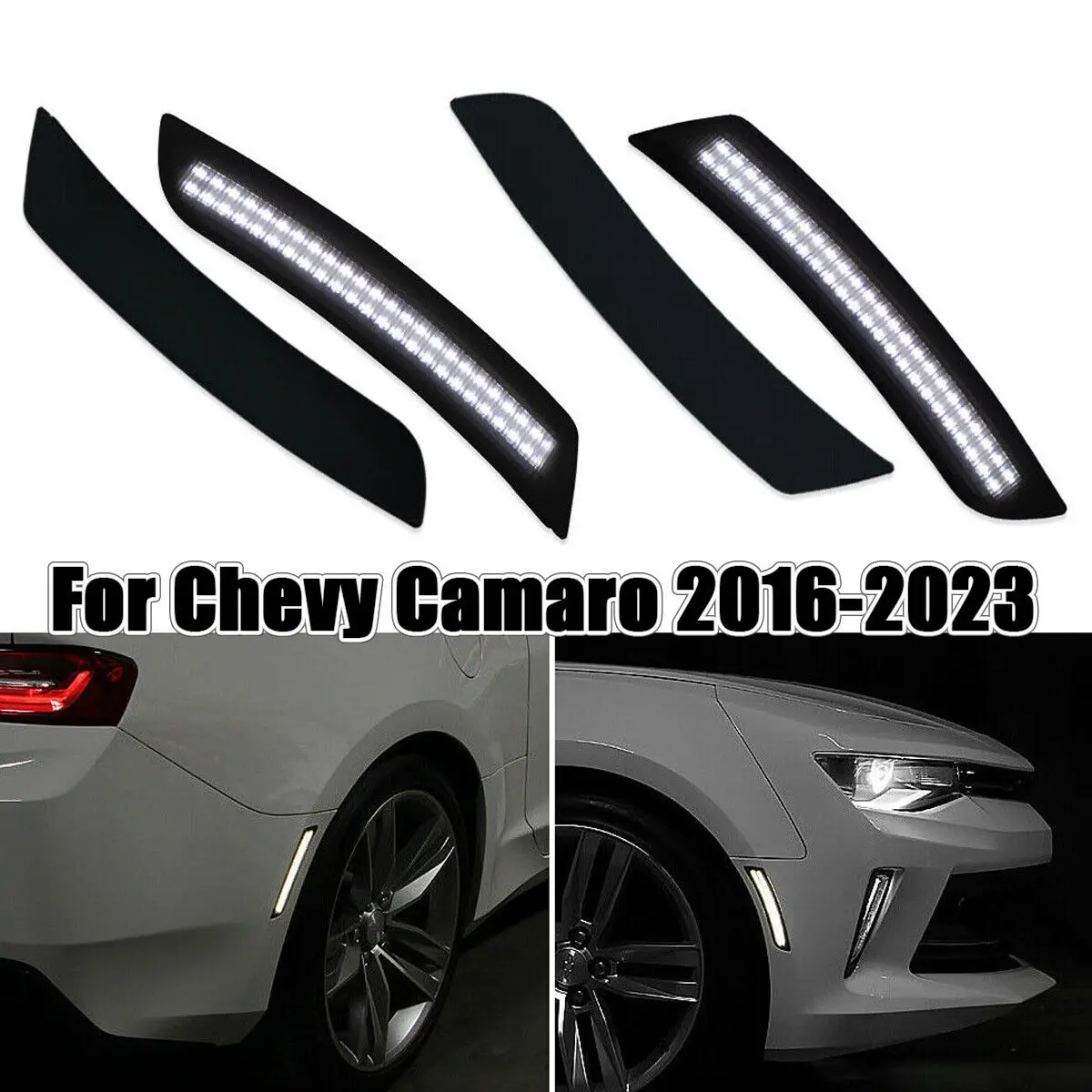 

4x White LED Side Marker Lights Front Rear Bumper Fender Marker Lamps For Chevy Camaro LS LT RS SS 1LE ZL1 2016 -2023 Smoke Lens