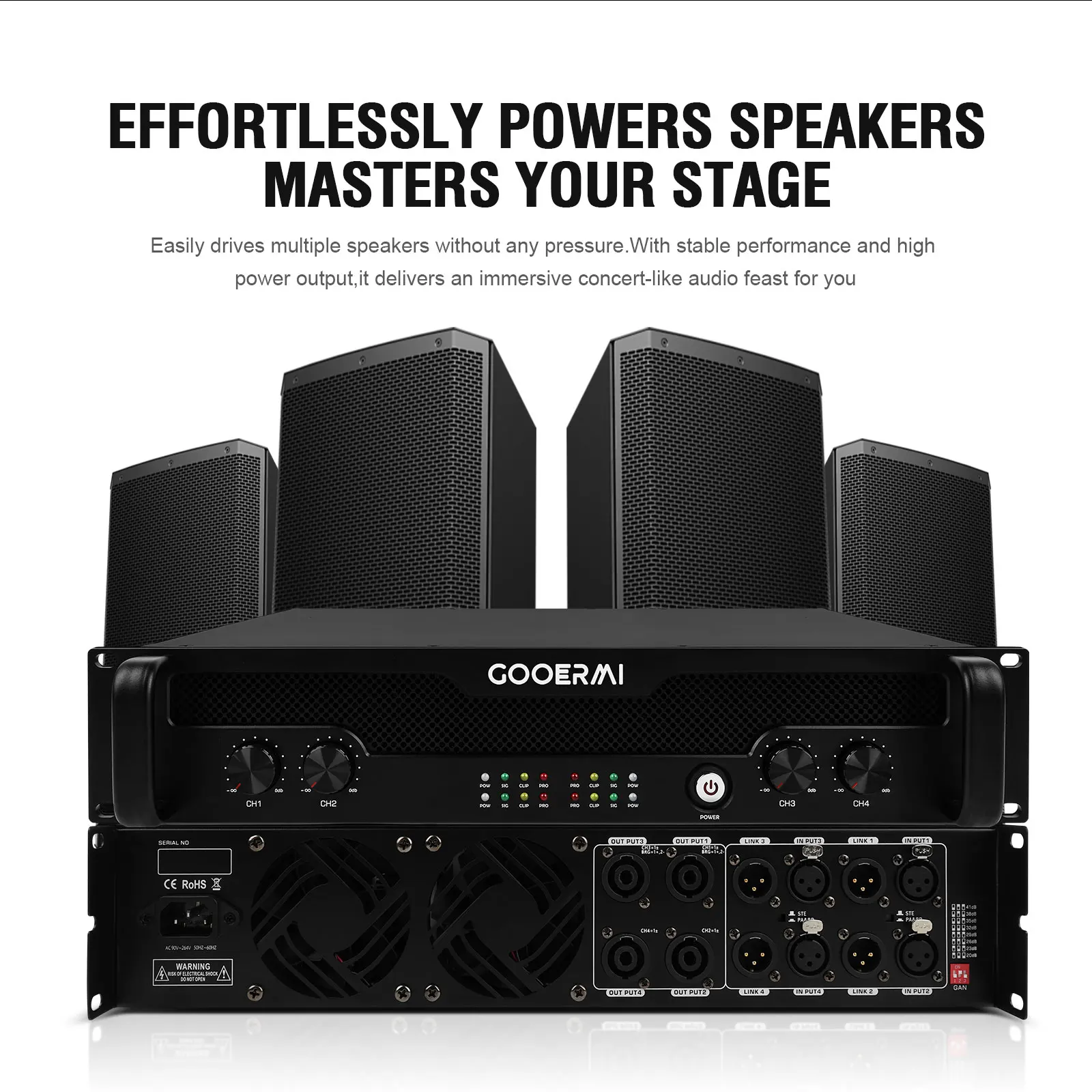 DAN415 4*1500W Professional Digital Power Amplifier 4 Channel Class H High Power Stage Performance Sound Amplifier 3750W 2 Ohms