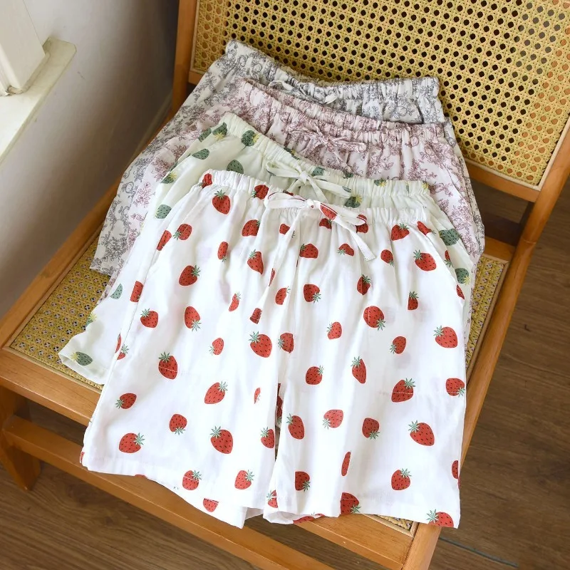2026 new women's summer shorts 100% cotton cartoon double-layer gauze strawberry skin friendly soft breathable home pants