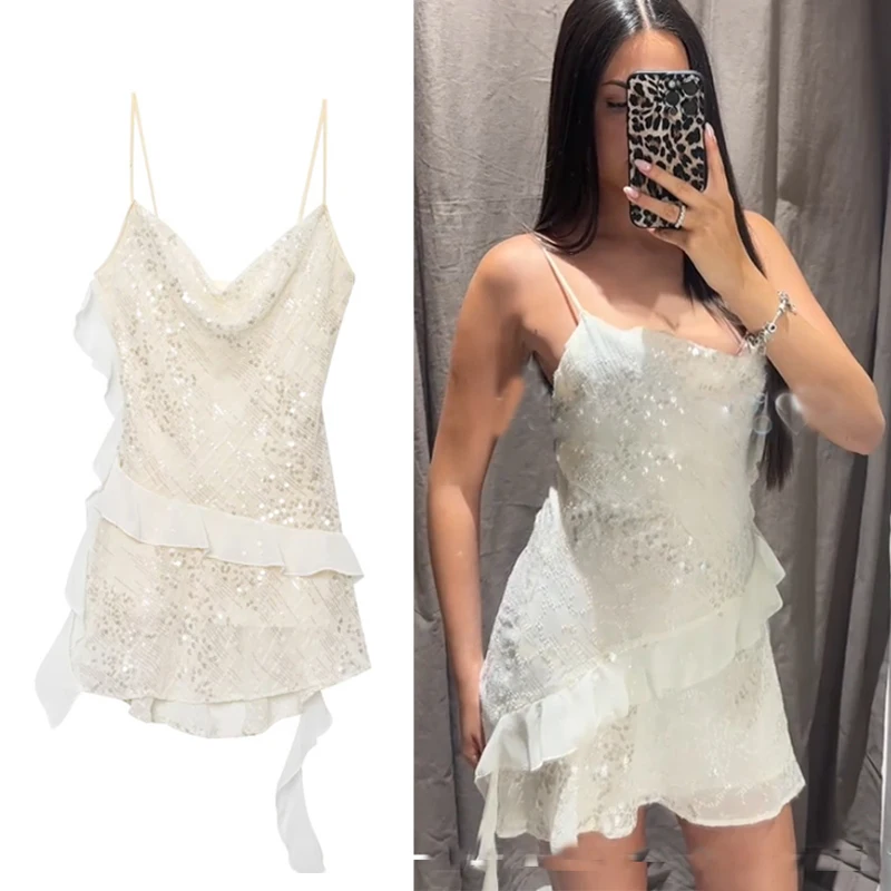 Shinny vestido de lantejoulas mulher verão 2025 novo sexy sem mangas sem costas em camadas plissado com decote em v mini vestidos clube festa vestidos de noite